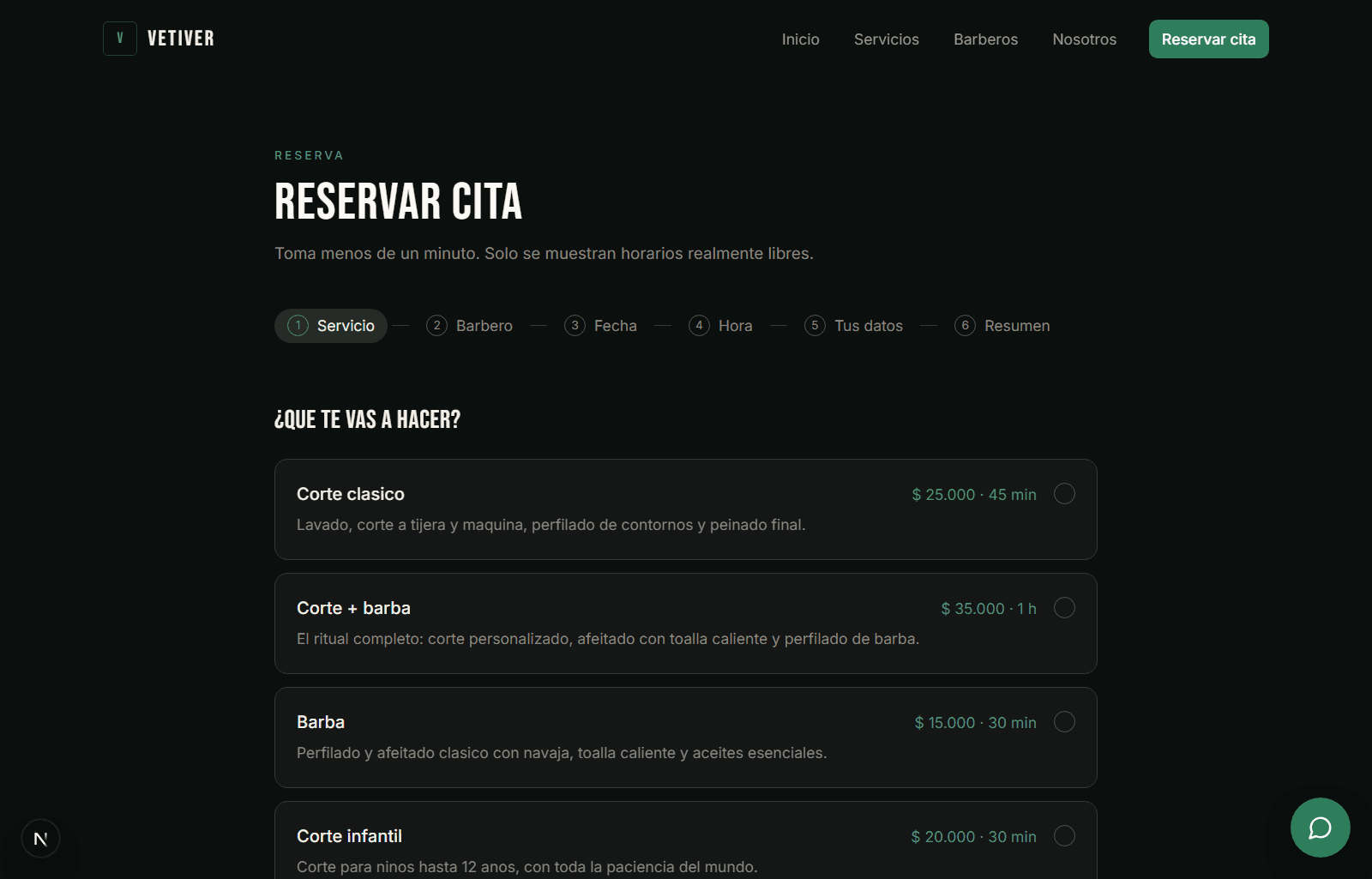 Pantalla donde el cliente elige servicio, barbero, dia y hora